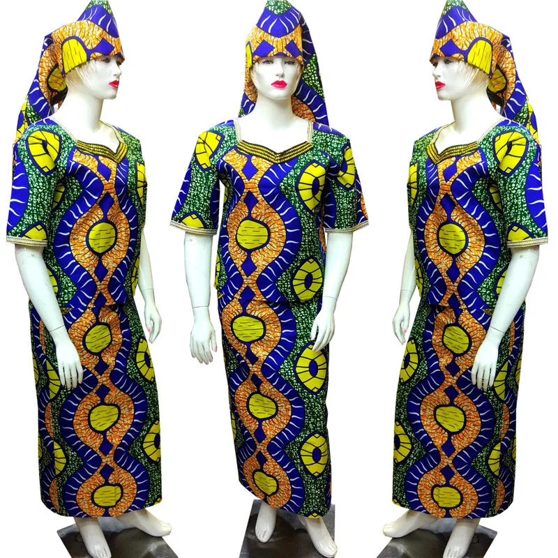 

GuyuEra 11 Colors of Flowers African Dress for Women Wax Cloth Woman Dress Set Three Piece Suit African Dashiki+Scarf