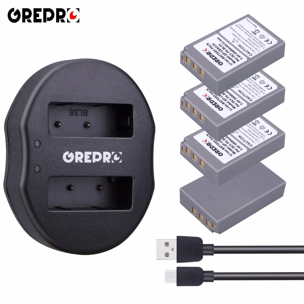 4pcs 2000mAh Battery BLS 5 BLS5 Bls50 USB Dual Charger for Camera Olympus OM D E