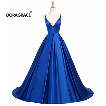 

Doragrace robe de soiree Simple A-Line V-Neck Criss-Cross Back Satin Prom Gowns Long Evening Dress