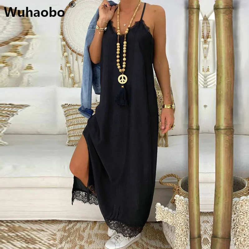 

Wuhaobo Summer Maxi Dress 2019 Ukraine Female Casual Loose Black Lace Patchowrk Women Dress Slit Spaghetti Strap Long Dress