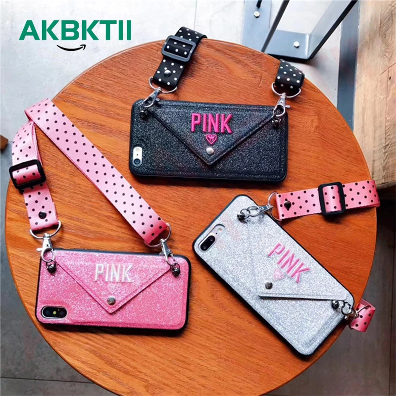 

for iphone xr case Luxury Glitter Case for iPhone 7 case XS Max 8 plus AKBKTII Wallet Card Cover PINK Brand Glitter Embroidery