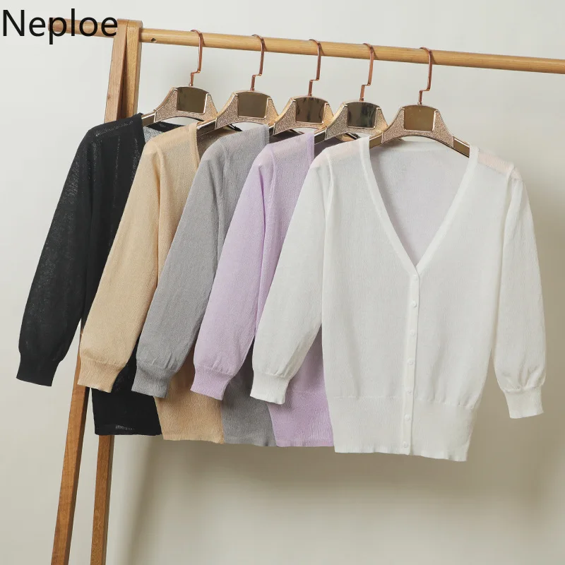 Neploe свободный, в Корейском стиле, кардиганы, Свитера с v-образным вырезом на пуговицах с буфами на рукавах длинный рукав джемпер, свитер весенний тонкий свитер 45351