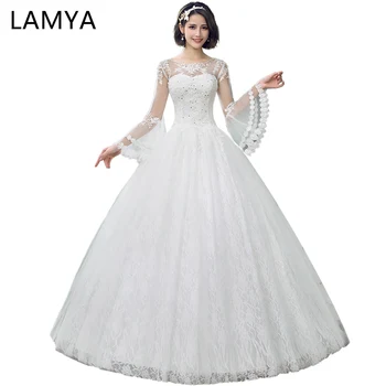 

Applique Crystal Wedding Dress Long Sleev Flare Sleeve Abiye Bridal Gowns Lace Plus Size Vestidos De 15 Anos gray wedding dress