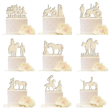 

Wood Country Wedding Cake Toppers Bride and Groom with Horse Tractor Wooden Wedding Cakes Decorating Custom Colors