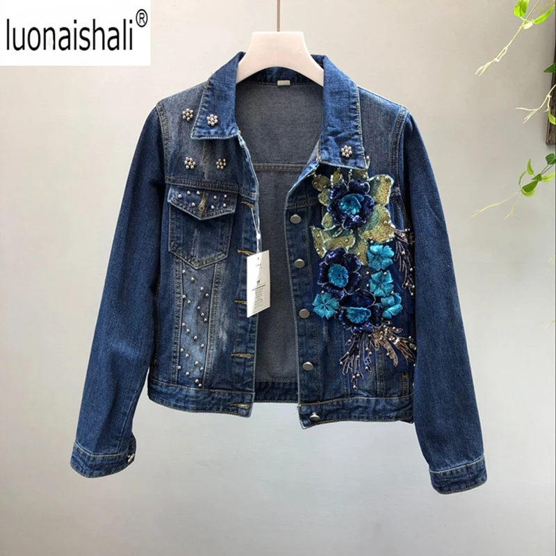 Women's Clothing Coats & Jackets blue 3D Flower Embroidery Fashion