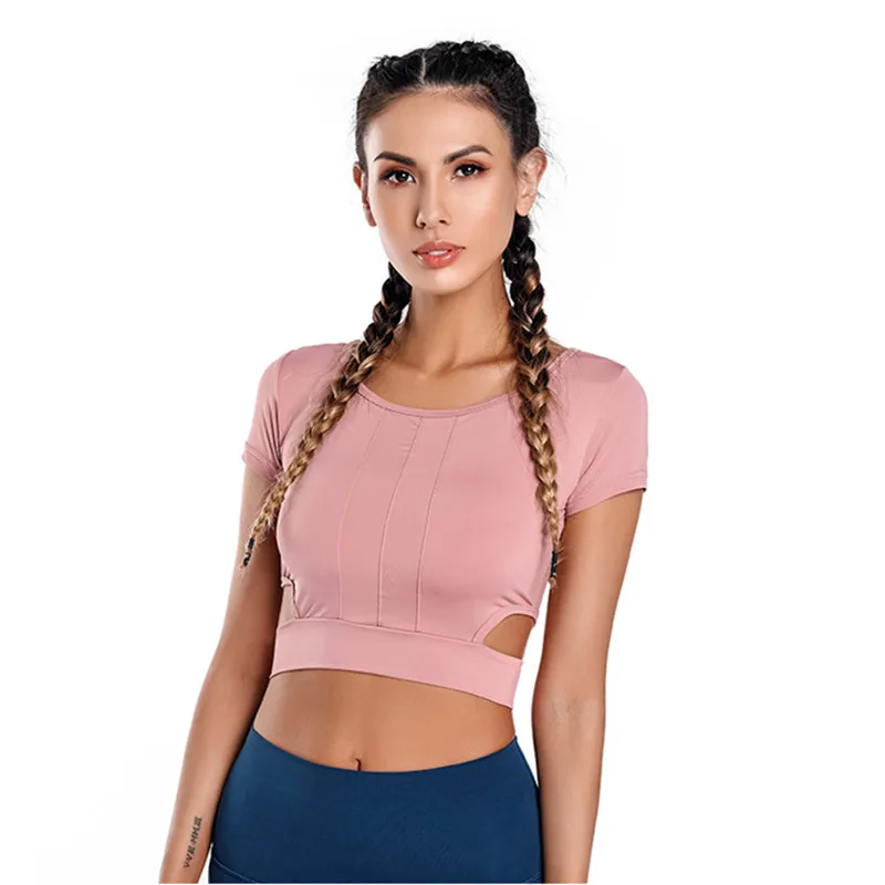 CretKoav, летняя новинка, женские эластичные облегающие рубашки для йоги, сексуальный укороченный топ с боковым краем, открытая женская спортивная футболка с коротким рукавом для бега