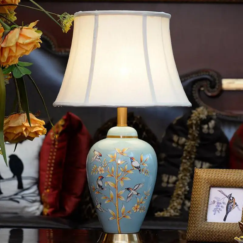 Modern Chinese Hand Painted Ceramic E27 LED bedside lamps for bedroom
