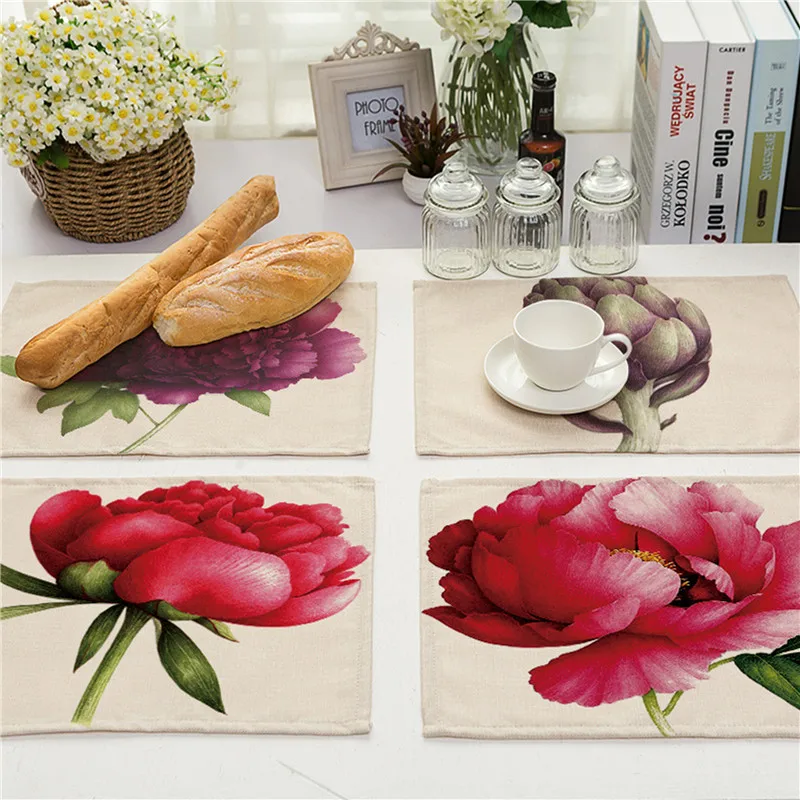 Europe 42x32cm Linen Placemat Painted Rose Printed Western Table Mat Wine Coaster Kitchen Drawer Dinning Bowl Pad Mat