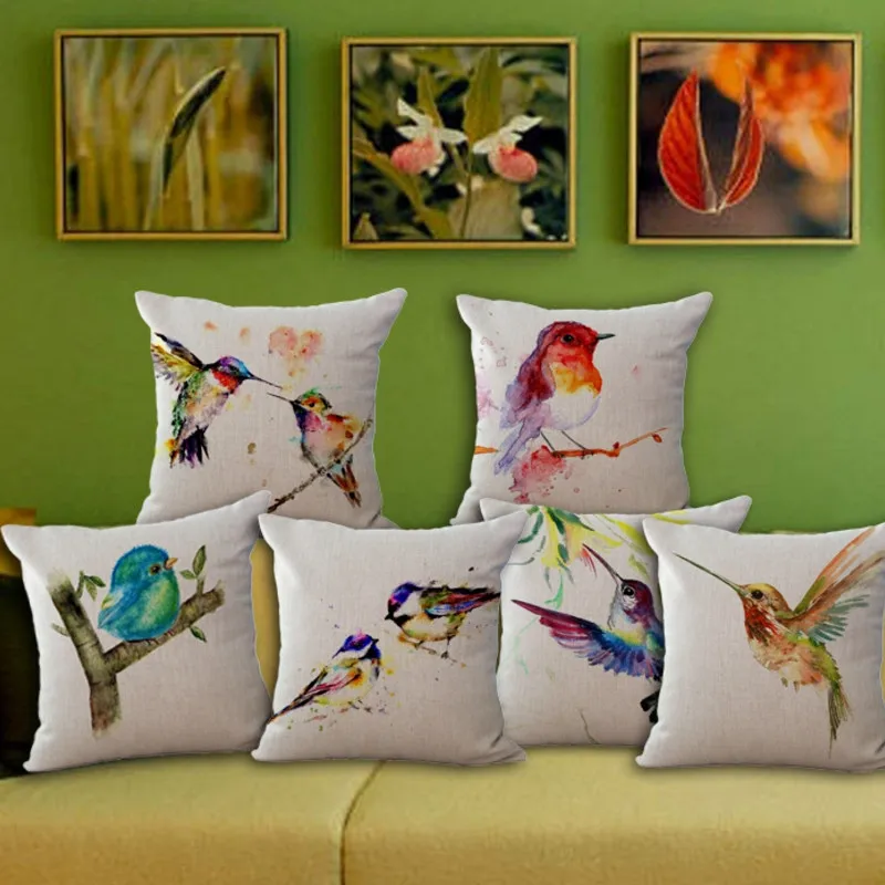 Decorative Pillow Case Colorful Bird Oil Painting Cotton Linen Cushion