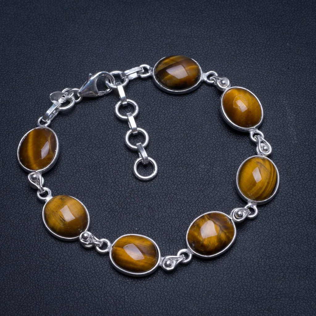 

Natural Tiger Eye Handmade Mexican 925 Sterling Silver Tennis Bracelet 6 3/4-7 3/4" T8326