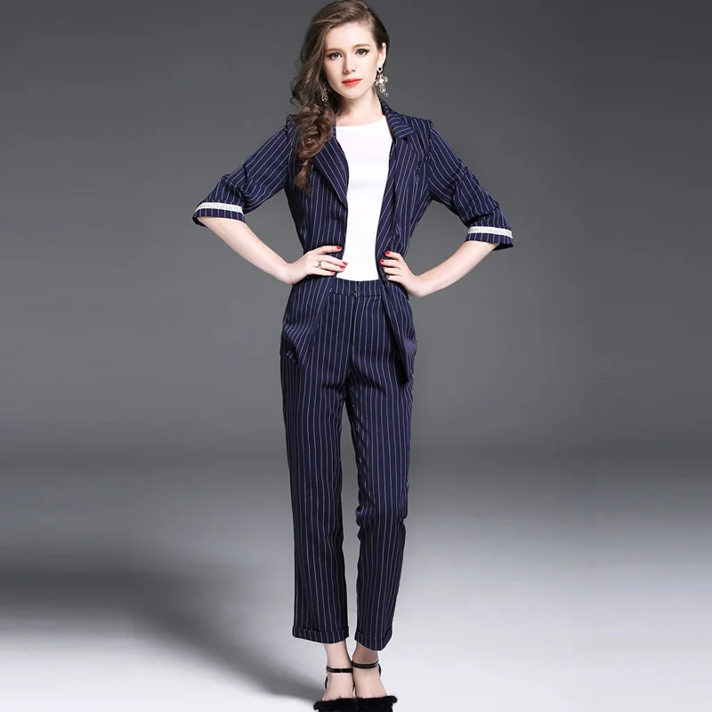 MYCOURSE 2017 New Autumn and Winter Fashion Women's Costumes Plaid Blazer With Striped Pencil Pants Set Female Office Suit Set