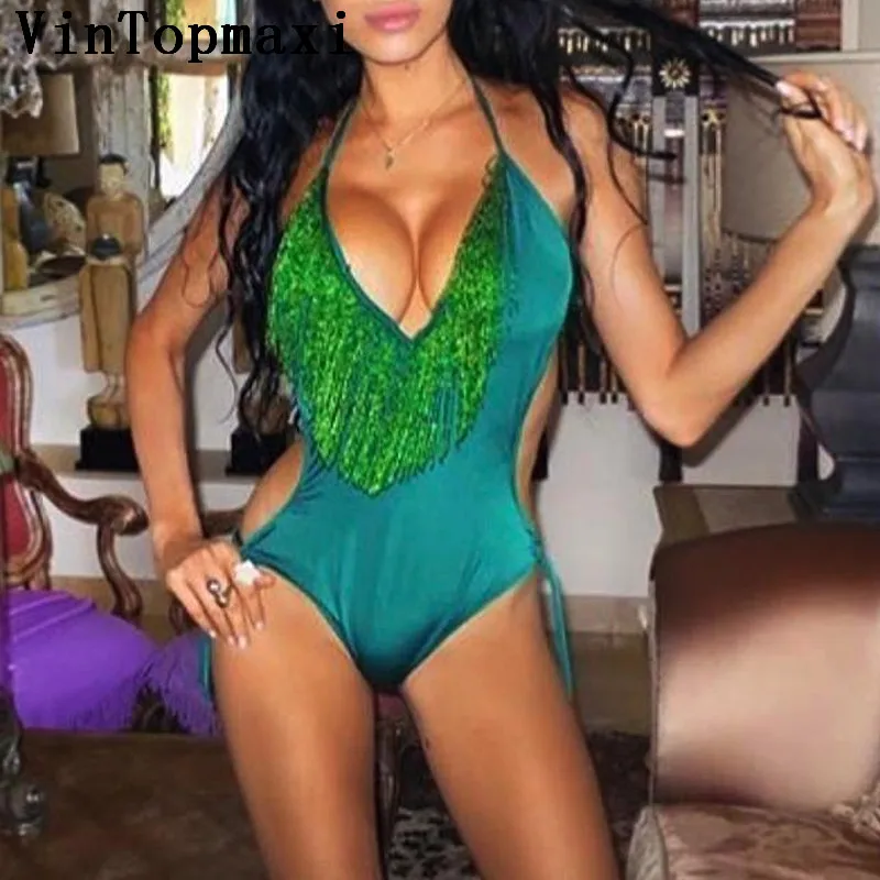 Новый Глубокий V сексуальный Biquinis 2018 Блестящий купальник с кисточками Женский