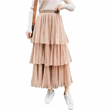 Юбки Женские Весенняя Новинка сладкий свежий сплошной цвет каскадные оборки сетка Высокая талия плиссированные Средний Плюс Размер торт юбка