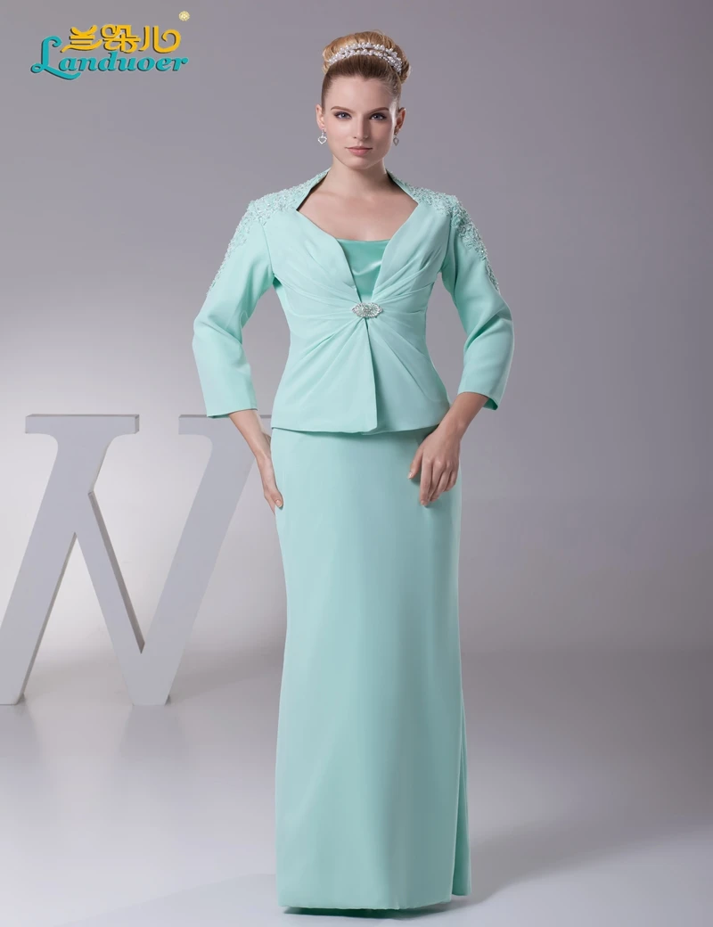 Mint green Chiffon Mother of the Bride Dress 2017 with jacket Long sleeve Evening Gown Vestidos Mint green Chiffon Mother of the Bride Dress 2017 with jacket Long sleeve Evening Gown Vestidos