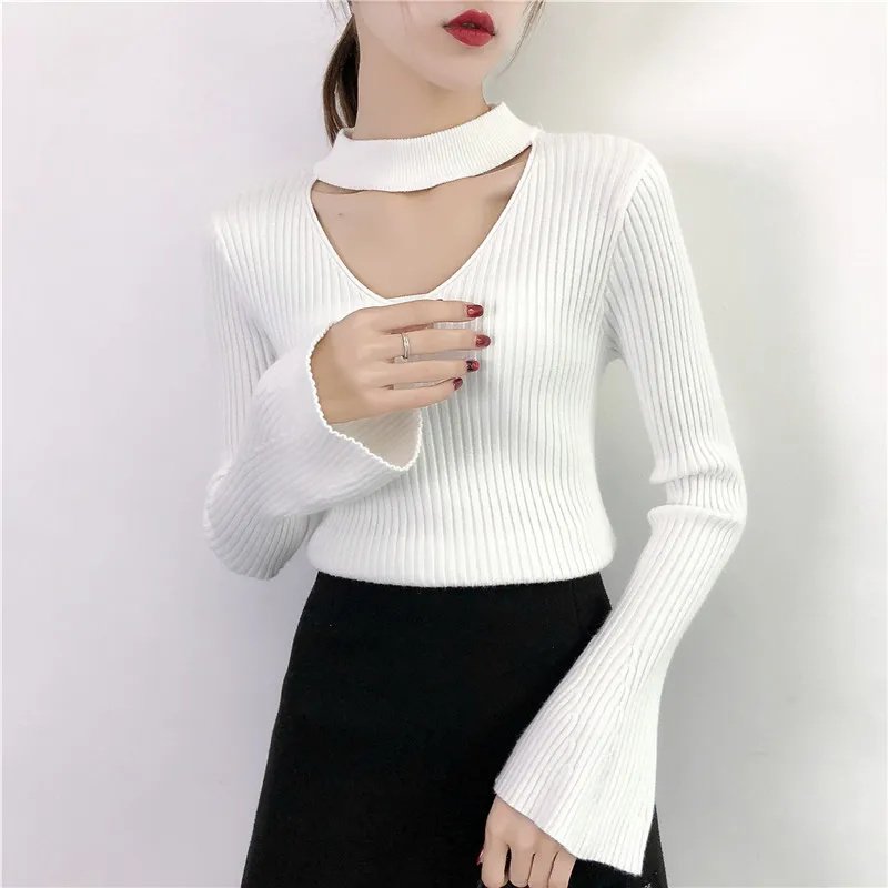 Sexy Flare Sleeve Sweater Women Fashion V-neck Bell Sleeve Knit Pullover Jumper  Female Brand Solid Color Knitted Sweater D216
