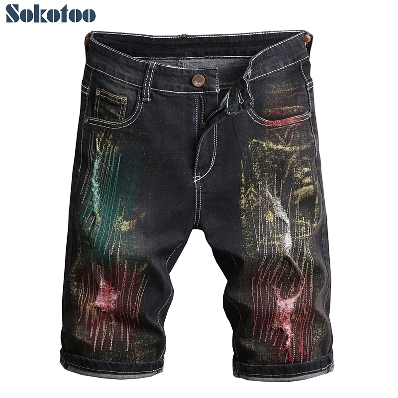 

Men's fashion colored painted slim straight stretch denim shorts Summer knee length black holes ripped jeans