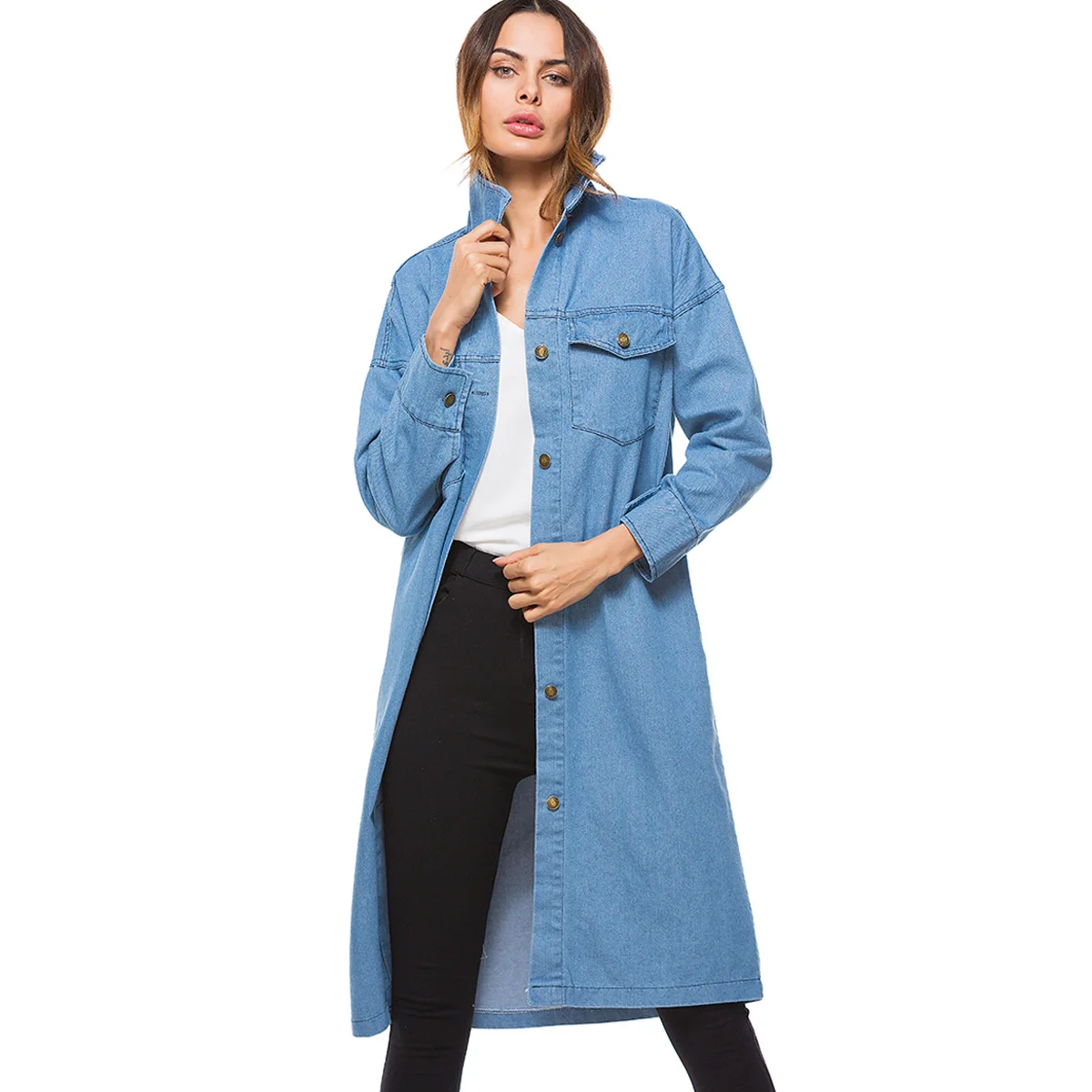 pu Femelle Tranchée Hiver Taille Manches Tops Lâche Longue Manteau long Une Ciel Bleu Salopette Automne Occasionnel Bleu 2018 Femmes X Denim qHwCWP