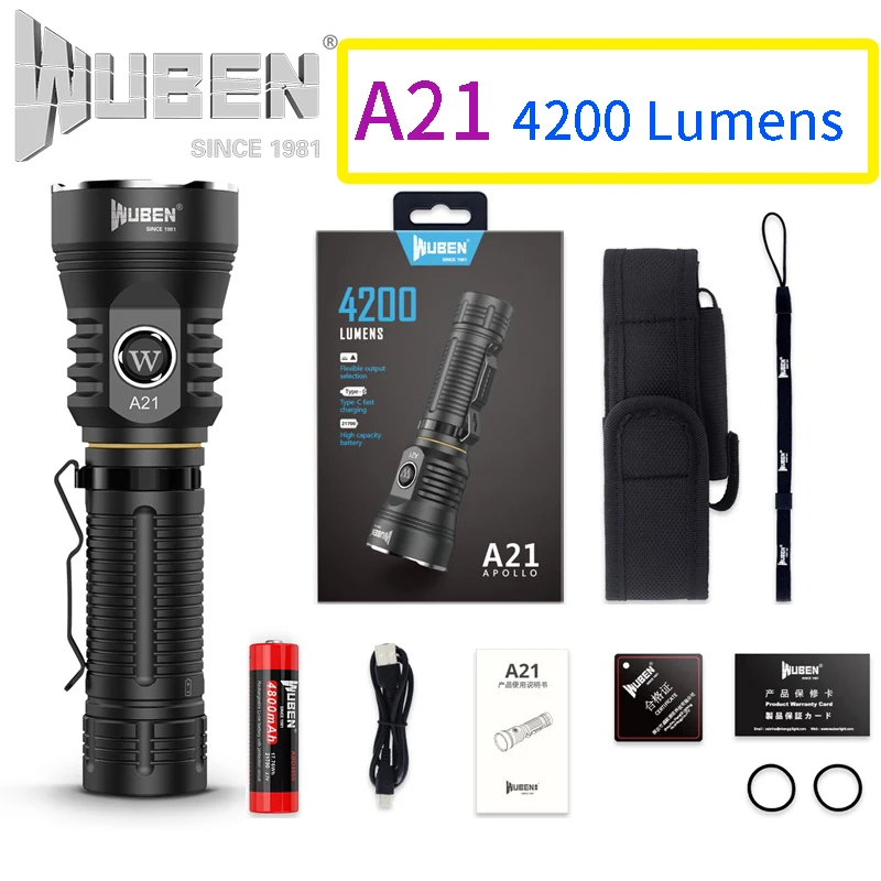 

WUBEN A21 XHP70 LED Flashlight 4200Lumens Rechargeable 21700 battery with Fast, safe and strong power engine distance 222meters