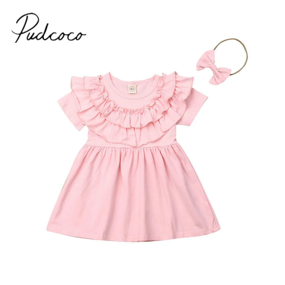 Летняя одежда для малышей Одежда для детей и малышей для девочек вечерние однотонные розовые плиссированное платье и повязка на голову, платье принцессы на день рождения, комплект из 2 предметов, платье с коротким рукавом, наряды