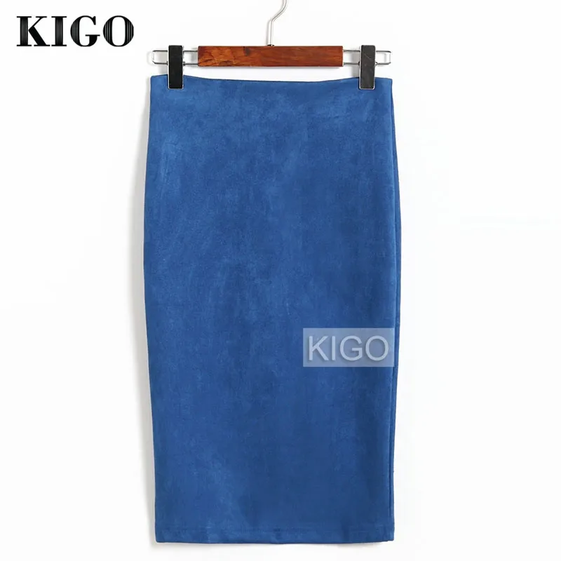 KIGO Осенняя ретро искусственная кожа с высокой талией замшевая юбка-карандаш облегающая женская юбка миди с разрезом сзади винтажная юбка