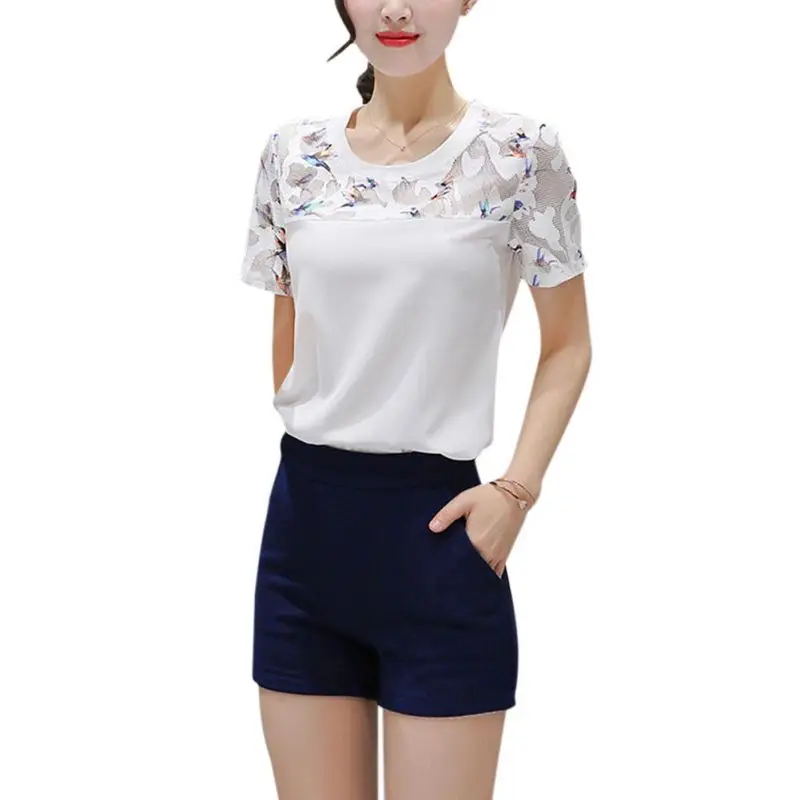 

Women's Patchwork Hollow Out O-Neck White Tee Shirts Summer Short Sleeves Casual T-Shirts