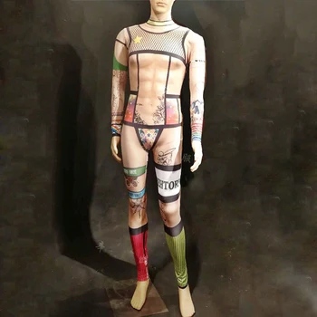 

Printing Jumpsuit Big Stretch Leggings Sexy Bodysuit Men'S Jazz Costume One-Piece Skinny Rompers Underwear Dance Outfit DL2252