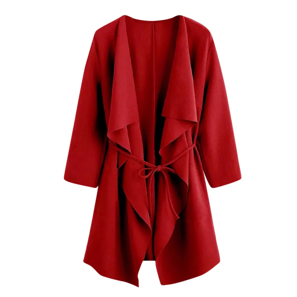Autumn Winter coat women casual New Fashion Coat Casual Waterfall Collar Pocket Front Wrap Coat Jacket Outwear Y718