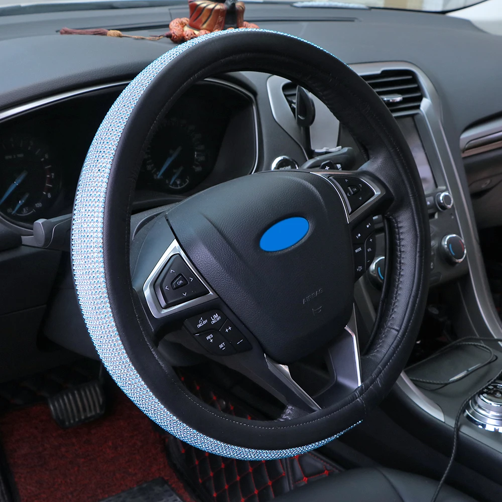 

38cm Car Steering Wheel Cover Interior Accessories Leather and Crystal Auto Steering-Wheel Covers 4 Colors Universal Car Styling