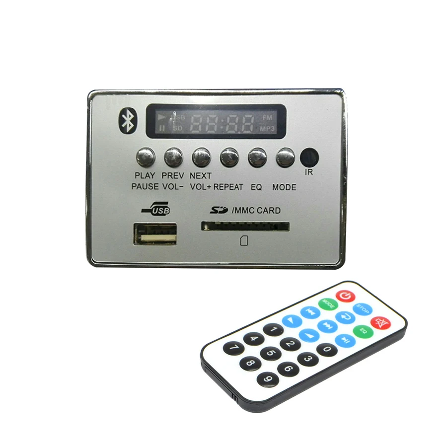 

5V-12V Car Bluetooth Wireless MP3 Decoder Board PCBA supports MP3/WMA/WAV/Format/USB/SD/Radio FM/Remote/LINE IN Source Input