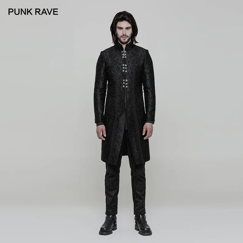 

PUNK RAVE Men's Gothic Gorgeous Jacquard Slit Design Black Mid-lenght Coat Steampunk Club Party Clothes Men Jacket Overcoat