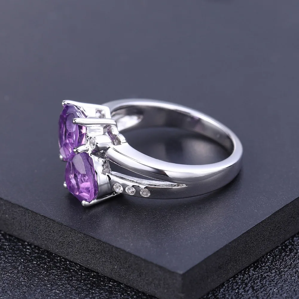 GEM'S балетные 925 пробы серебряные двойные сердца любви 2.39Ct натуральный аметистовый драгоченный камень кольца для женщин обручение ювелирные украшения