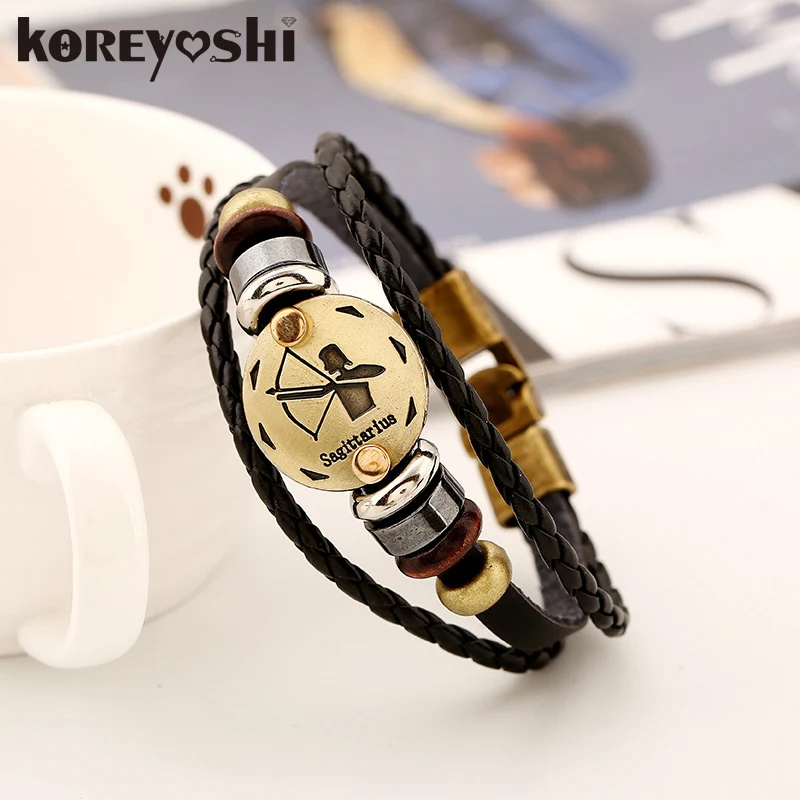 12 Zodiac bracelet Men 2016 vintage bronze Handmade Braid  multilayer Genuine Leather Women Wrap Charm Bracelets Bangles Jewelry