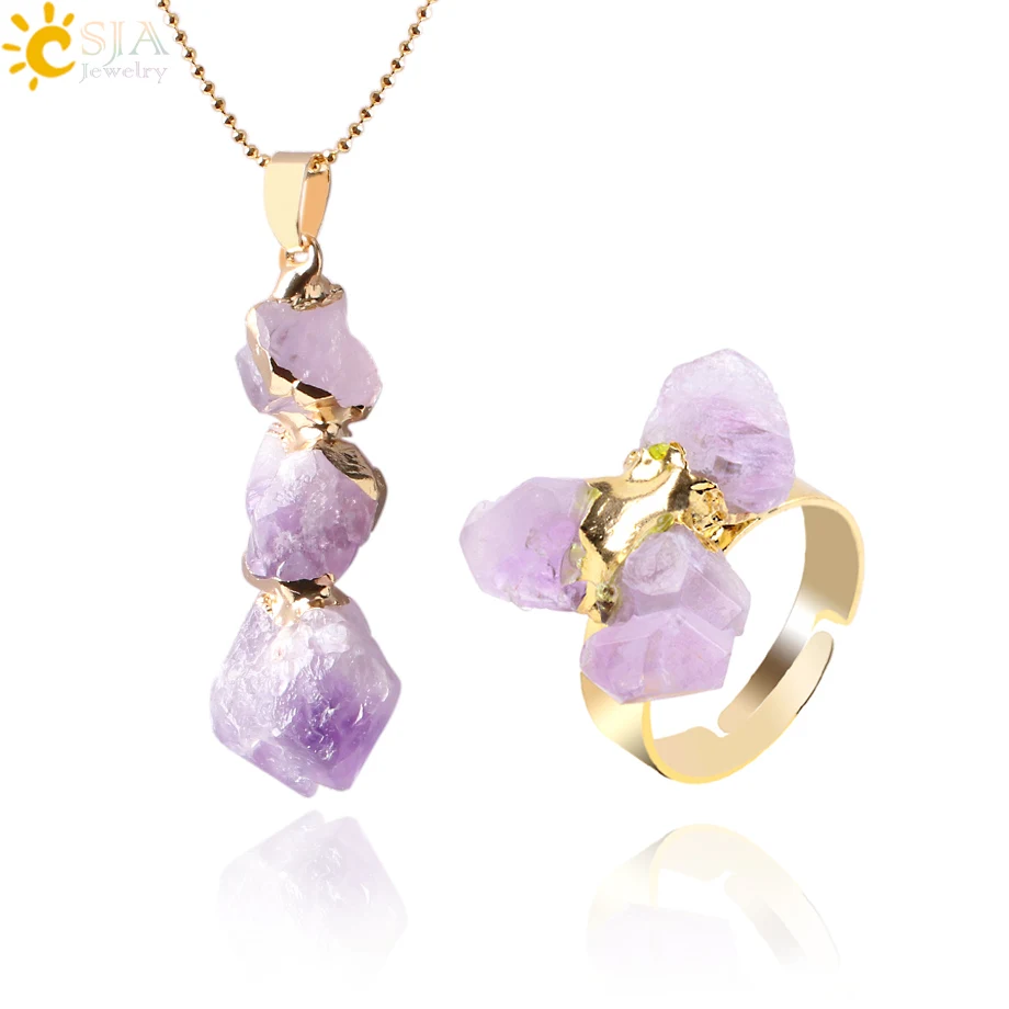 

CSJA Crystal Wedding Jewelry Set Irregular Yellow Purple Quartz Necklace Pendants Gold-Color Natural Gem Stone Ring Chain E393