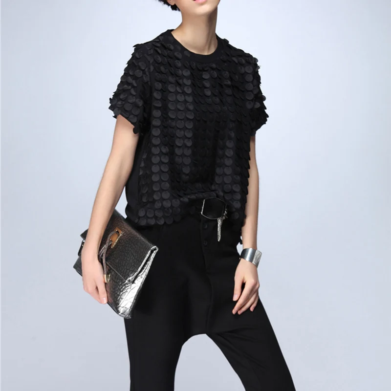 Черная Женская футболка в стиле пэчворк с круглым вырезом и коротким рукавом, большие женские футболки, летние повседневные однотонные топы, женская одежда