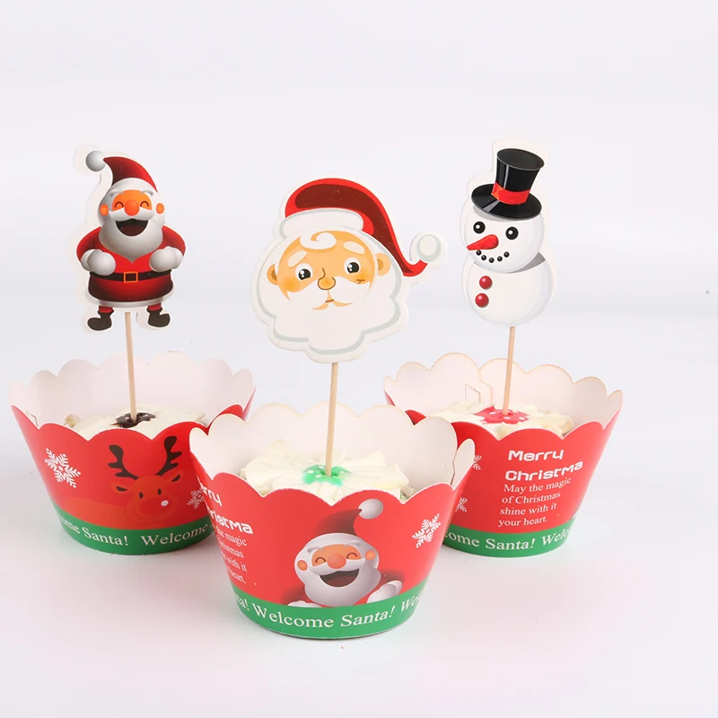

24pcs/lot Christmas Santa Claus Paper Cupcake Wrappers Toppers For Kids Party Birthday Decoration Cake Cups(12 wraps+12 topper)