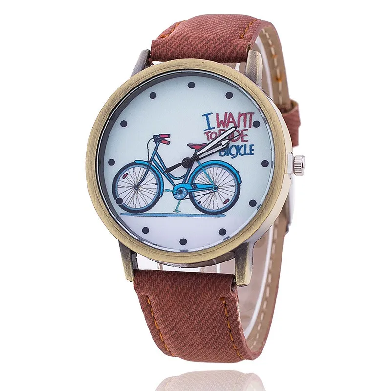 Модные брендовые кварцевые часы с рисунком велосипеда, женские повседневные винтажные кожаные Наручные часы для девочек, подарки - Цвет: Коричневый