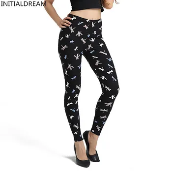 

INITIALDREAM Brand Hot Sales Women Dragonfly Printing Leggings High Waist Casual Elasticity Legins Trouser Pants For Women