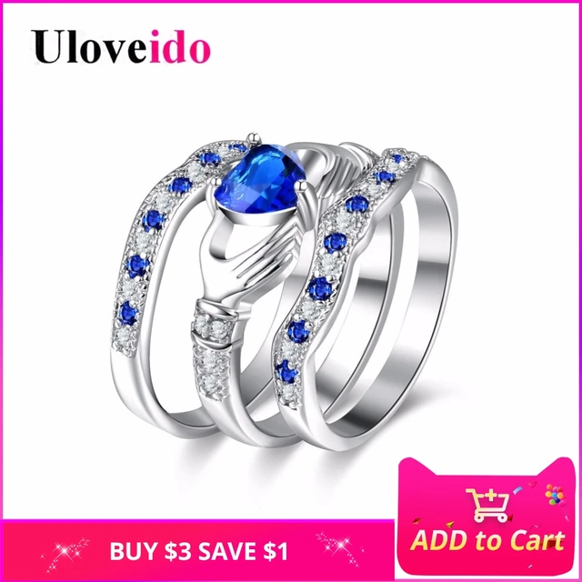 Uloveido Engagement 3 Piece Set Rings for Women Cubic Zirconia Bridal Blue Heart Uloveido Engagement 3 Piece Set Rings for Women Cubic Zirconia Bridal Blue Heart