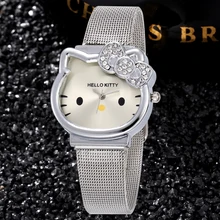 Oro plata cristal del reloj moda casual correa de cuero reloj de hello kitty cat pulsera de cuarzo reloj de pulsera relogio feminino