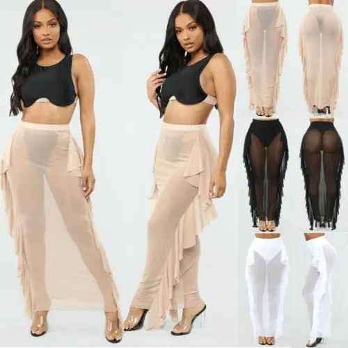 

Women Chiffon Swimwear Bikini Ruffle See-Through Summer Beach Sarong Dress Beachwear Cover Up Split Skirt Beach Dress Sundress