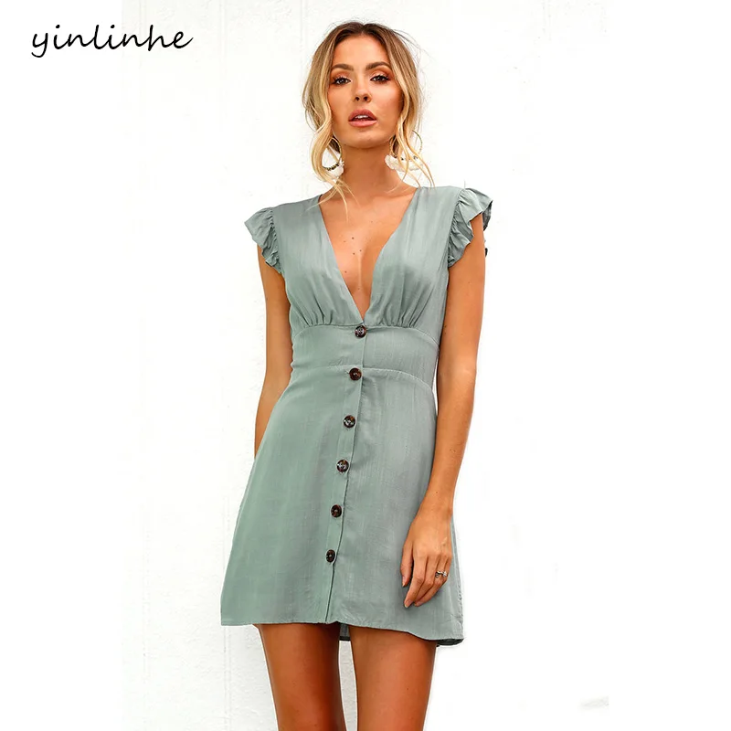 yinlinhe Green Deep V neck Sexy Dress Sleeveless Women Summer Dress