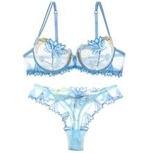 Вышитые сетчатые пряжа ультра-тонкий сексуальный allure выдолбленные губки бюстгальтер набор t-pant женщин