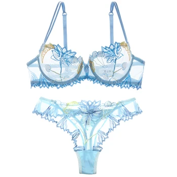 Ультратонкий бюстгальтер из сетчатой ткани с вышивкой, соблазнительный ажурный бюстгальтер с эффектом «Губка», комплект с бюстгальтером и ...