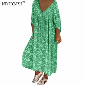 

NDUCJSI Bohemian Dress Women Floral Print Plus Size Dress Lady Summer Elastic Waist Beach Dress V Neck Daily Casual Green Loose