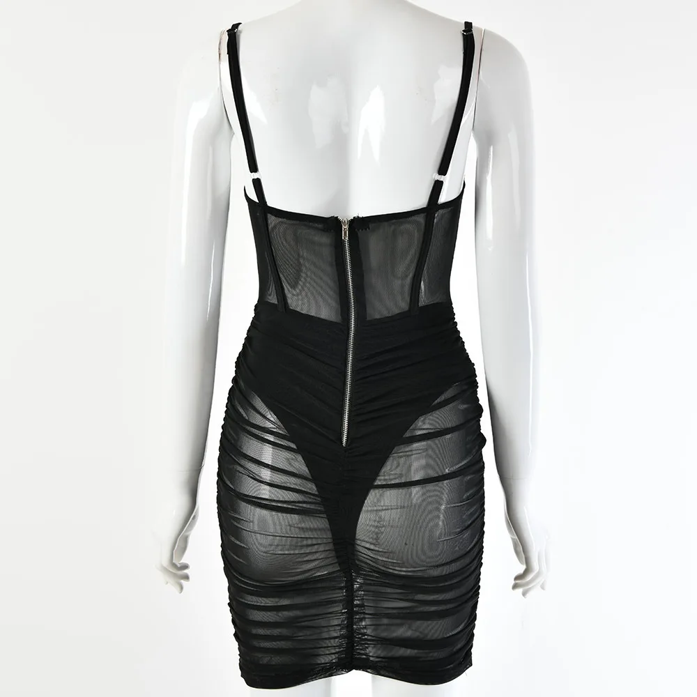 Черная сетка пэчворк выдалбливают Bodycon платье Лето Спагетти ремень женские Платья вечерние Клубные платья