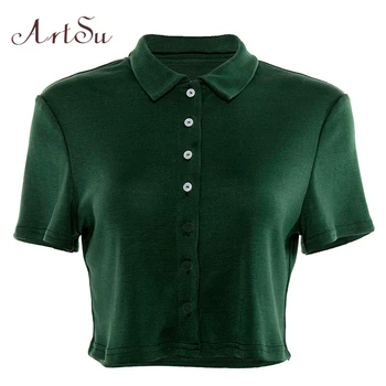 

ArtSu Korean Fashion Single-breasted Short Sleeve Women T shirt Green Turn-down Collar Womens Tshirts Casual Summer ASTS20821