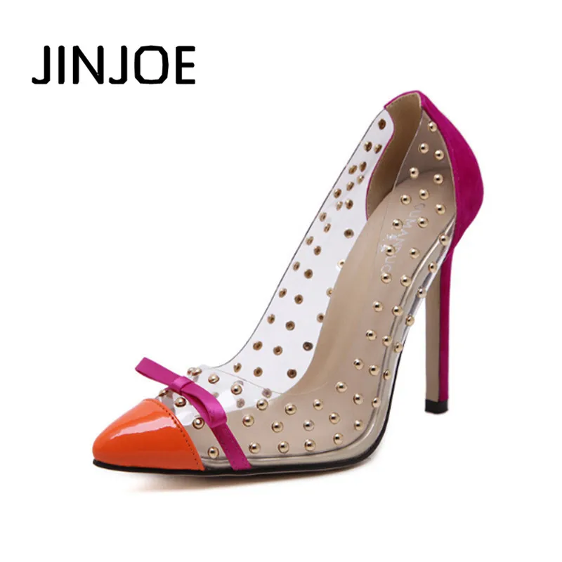 

Rivets High Heels 2017 Summer New Transparencies Brand Shoes Pointed Toe Women Pumps Sapato Feminino Shoes 35-41 code