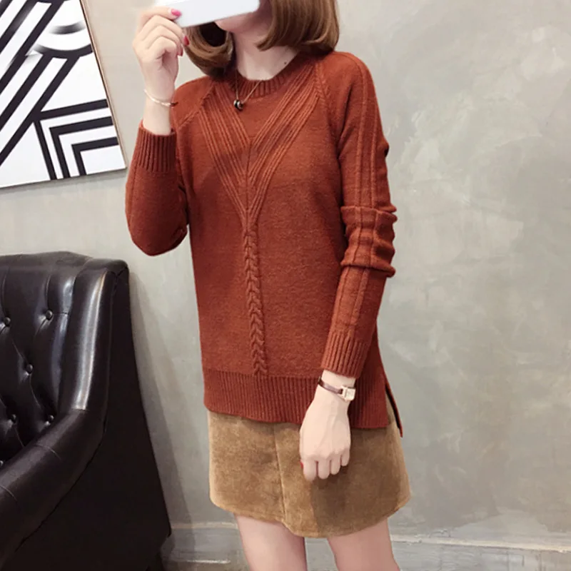 

Sweater female 2019 winter new Korean version of the ladies solid color knitted loose long-sleeved round neck hipster sweater