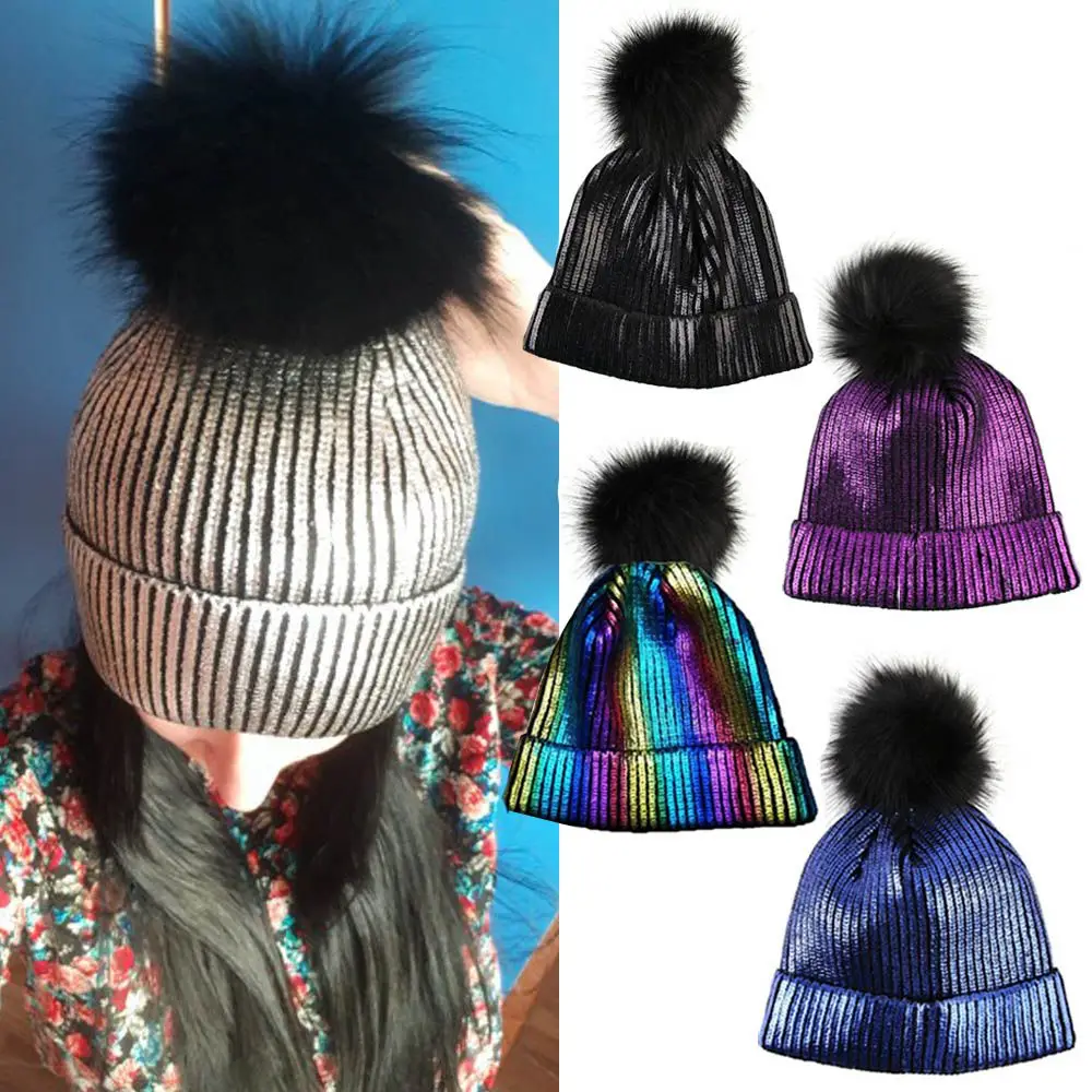 

Women Girls Knitted Bronzing Gold Silver Beanies Ball Hat For Women Winter pompom Hats Female Skullies Beanie Bonnet Warm Hat