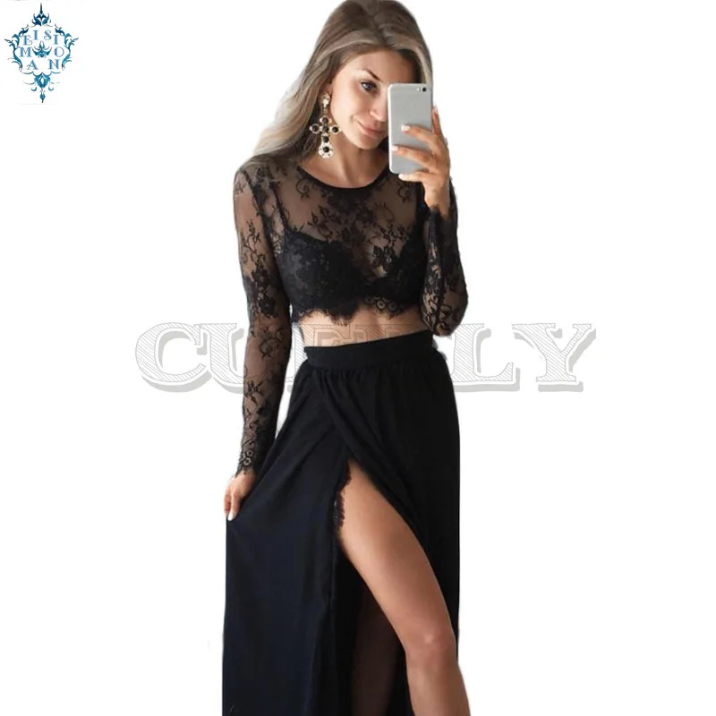 

Cuerly New 2019 Summer 2 Pieces Set Club Dress Sexy Long Sleeve Hollow Blouse Crop Top + Side Slit Long Skrit Beach Women Set